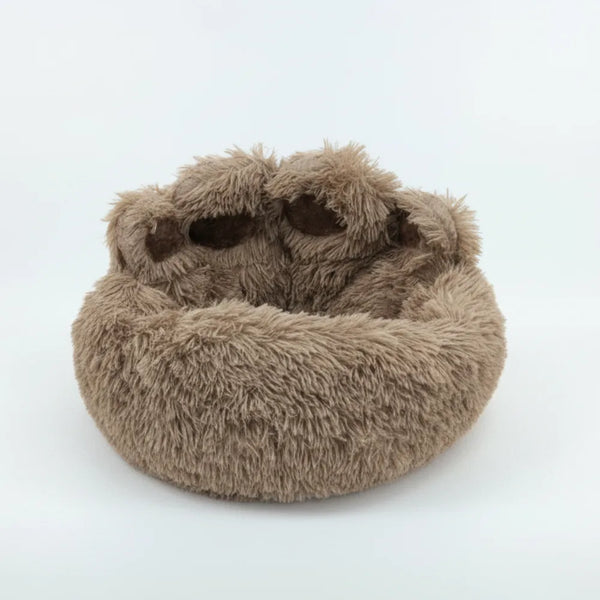 Fluffy brown Bear Paw Shape Plush Pet Nest Sofa Bed on a white background