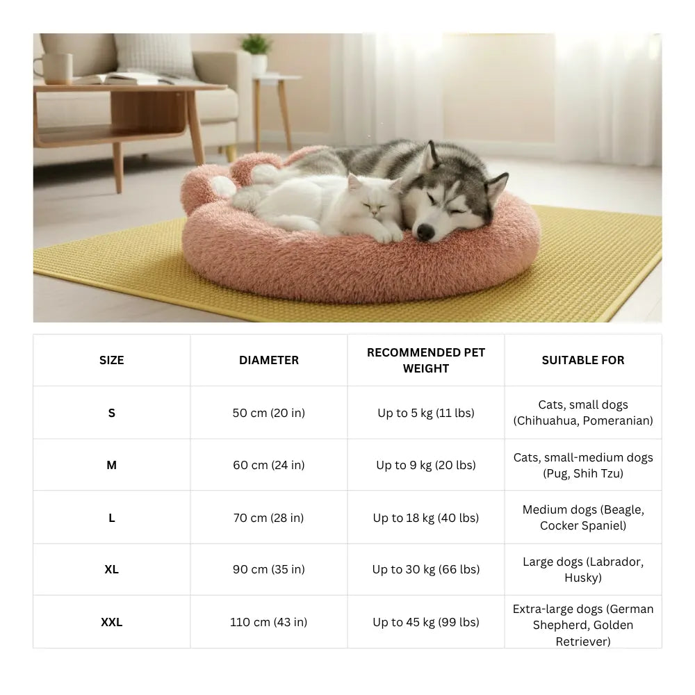 Two dogs sleeping on a pink fluffy Bear Paw Shape Plush Pet Nest Sofa Bed with a size chart below in a living room.