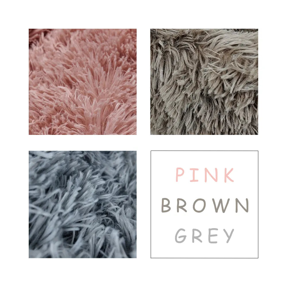 Three textured fabric swatches in pink, brown, and gray with color labels below.