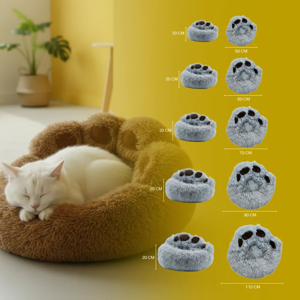 Cat lying on a brown Bear Paw Shape Plush Pet Nest Sofa Bed and measurements on a yellow background