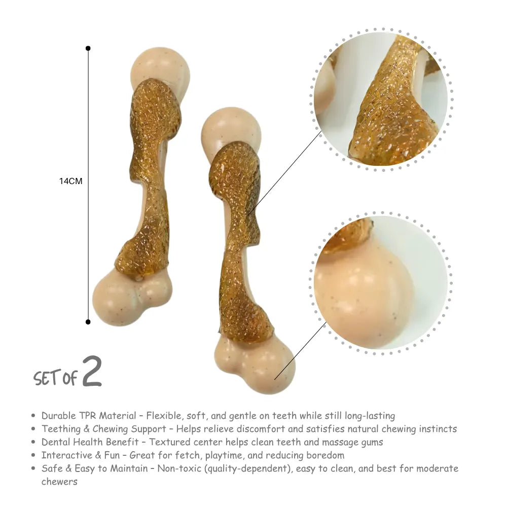 Two Eco-Friendly Dog Chew Toy Set bones with smooth textures, accompanied by product details on a white background.