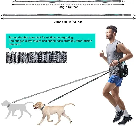 Dog Bungee Leash Hands Free Waist Belt with extendable feature, man walking a dog, and text about product strength.