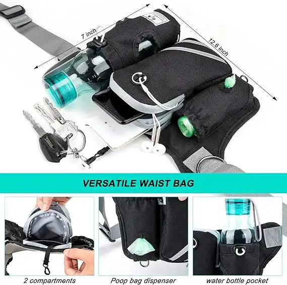 Versatile waist bag with compartments, key holder, and water bottle pocket on a white background.