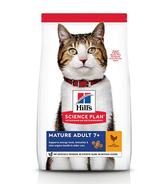 Hill's Science Plan Mature Adult 7+ Chicken Dry Cat Food package with a cat on the front on a white background