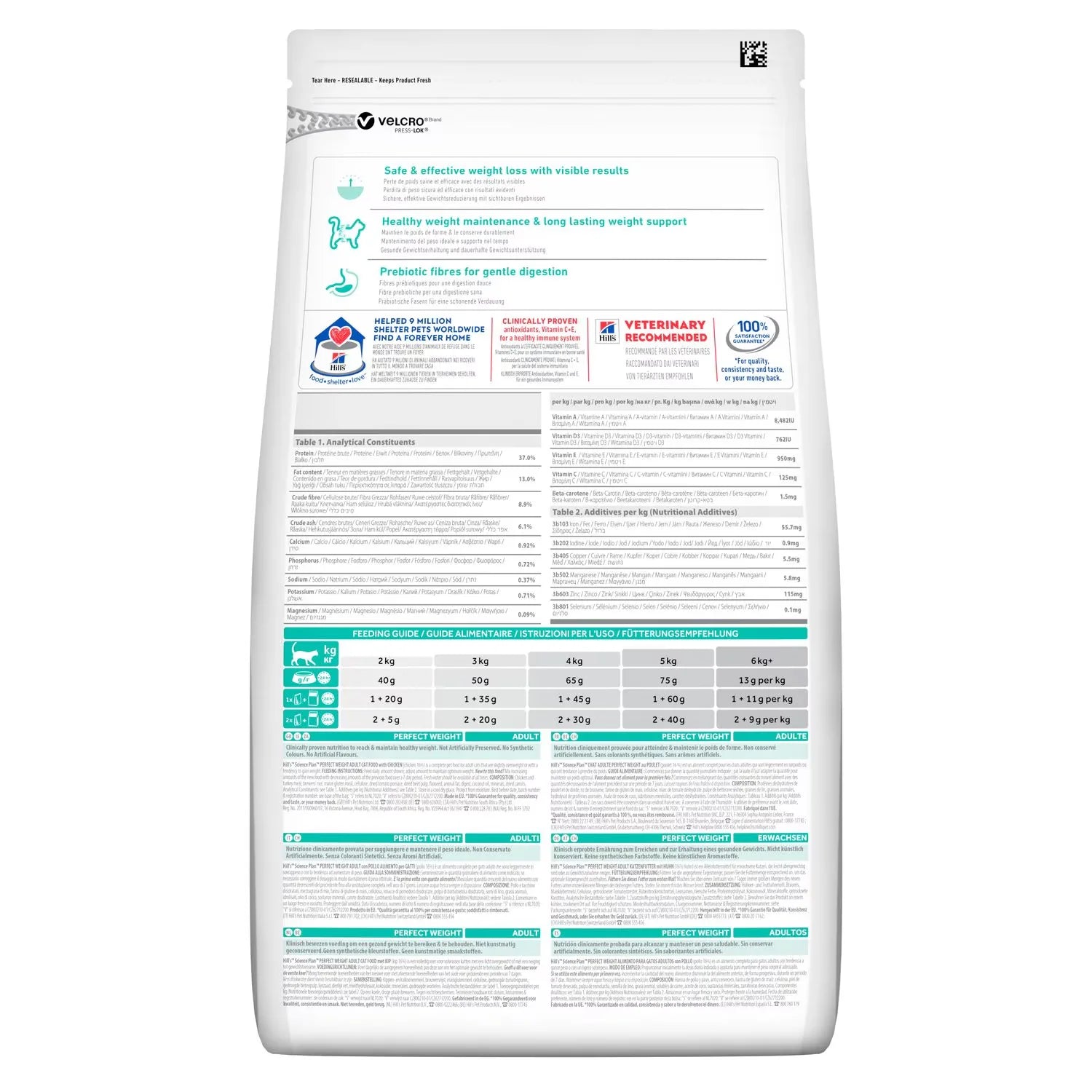 Cat food packaging with nutritional information on a white background