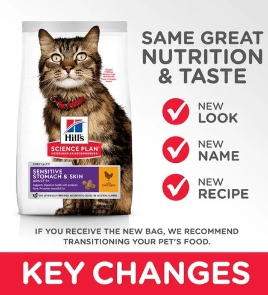 Hills Science Plan cat food package with a cat on the label, indicating new look, name, and recipe.
