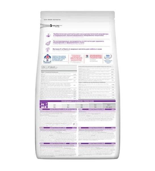 Dog food packaging with nutritional information on a white background