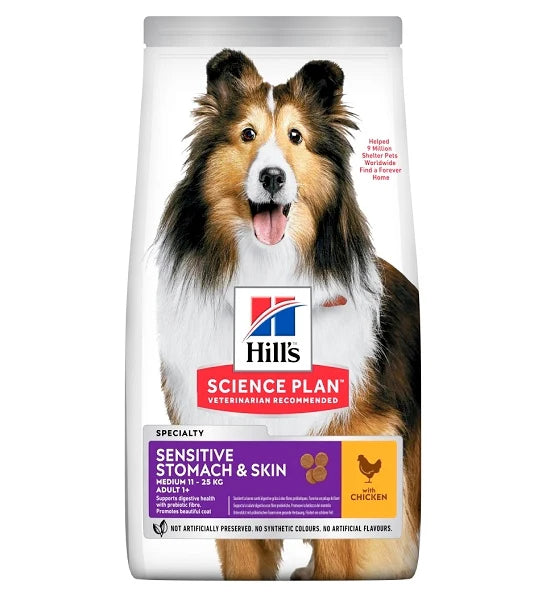 Bag of Hills Science Plan dog food with a Shetland Sheepdog on a white background