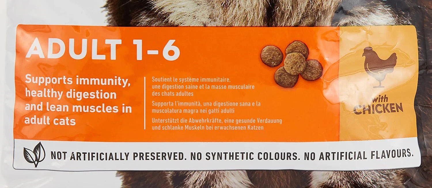 cat food packaging with text about benefits for adult cats and a chicken illustration.