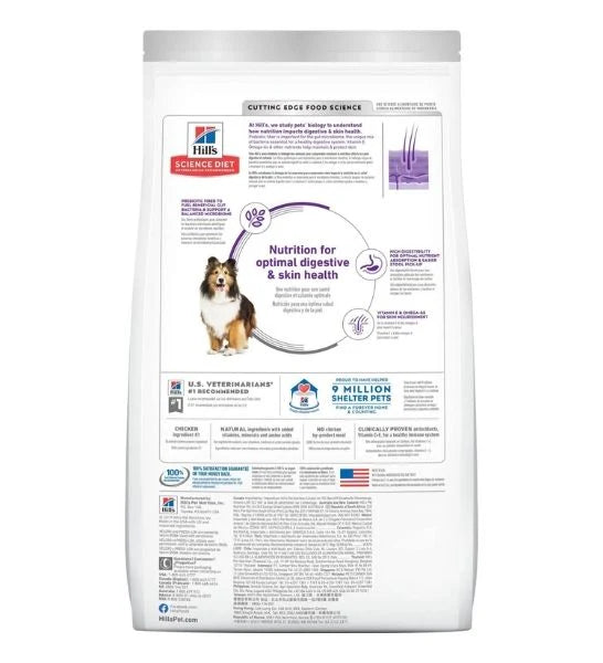 Hill's Science Plan Sensitive Stomach & Skin Medium Adult Dry Dog Food package with nutritional information on a white background
