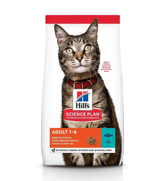 Hill's Science Plan Tuna Adult Dry Cat Food package with a cat on the front on a white background