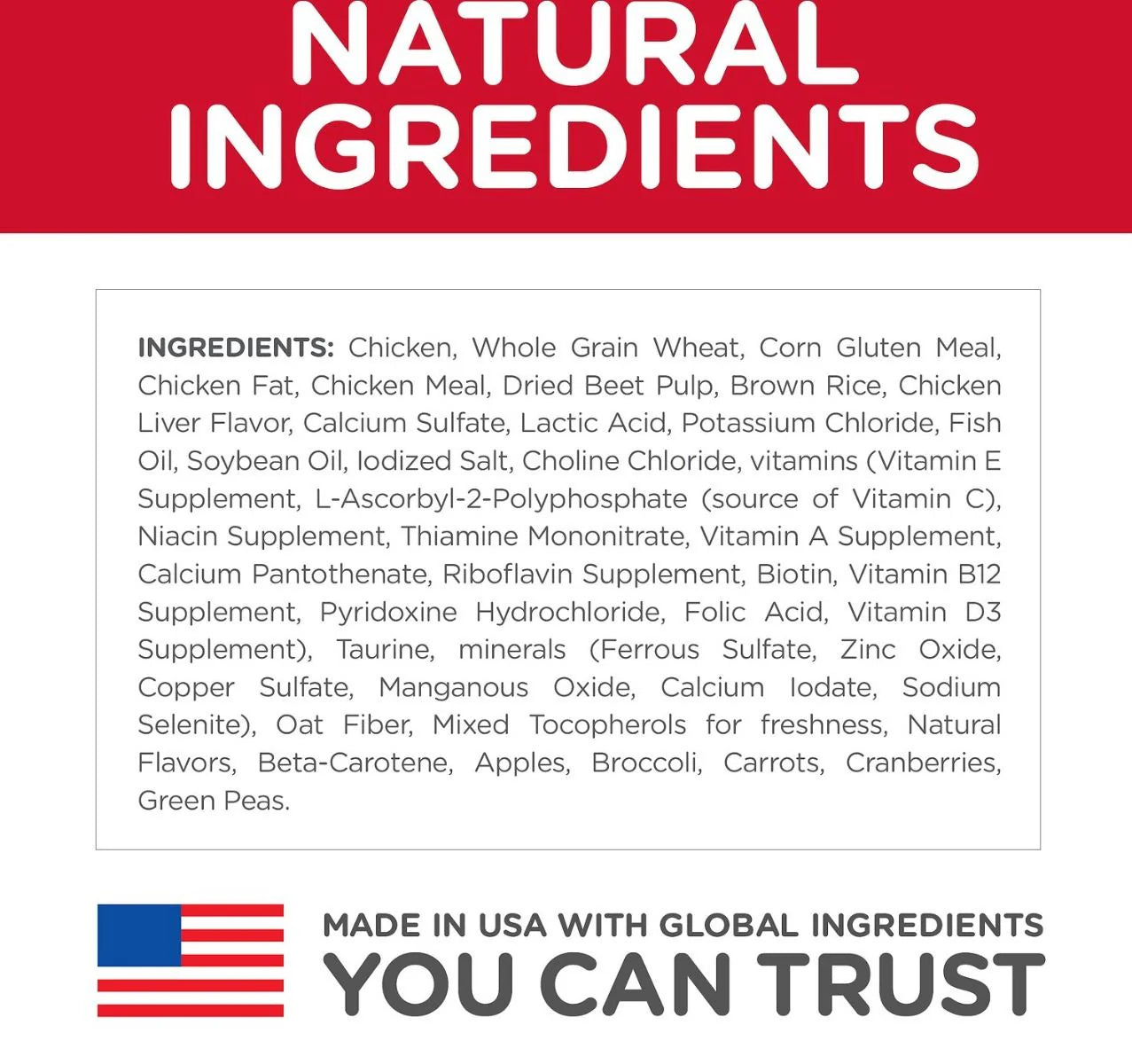 Product label with natural ingredients list and branding text on a white background