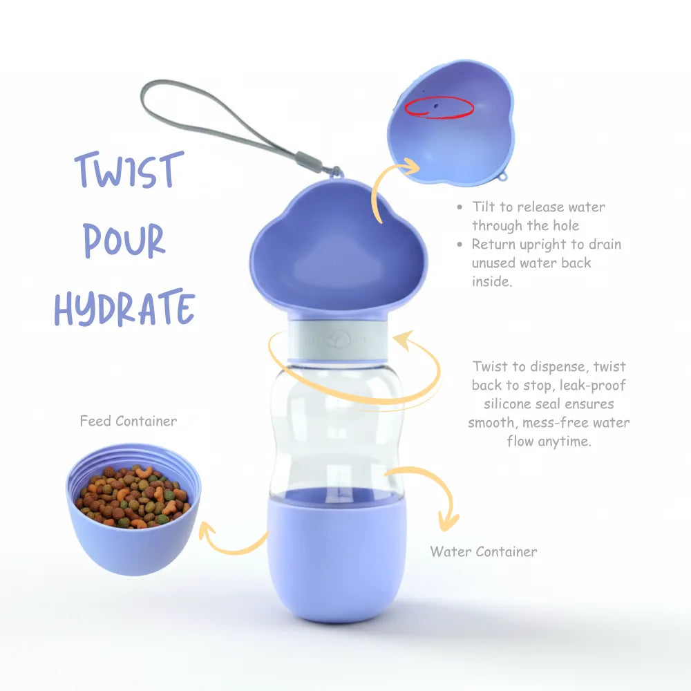 portable cloud-shape pet water bottle and food container with instructions on how to use it