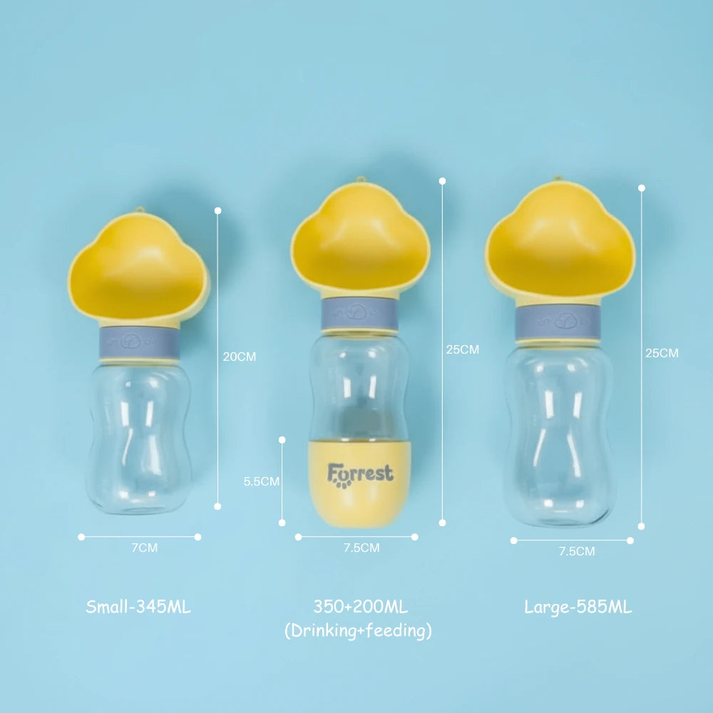 Three portable pet water bottles with cloud-shaped lids on a blue background, showing measurements and capacity details.