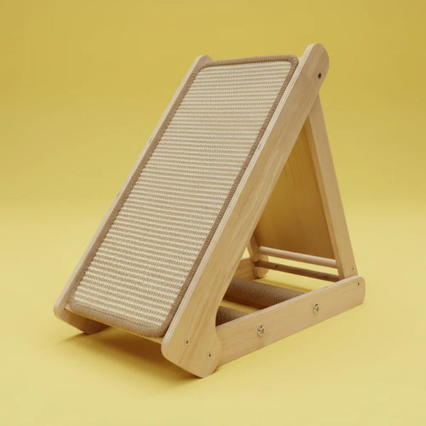 Wooden Foldable Cat Scratcher with sisal surface on a yellow background