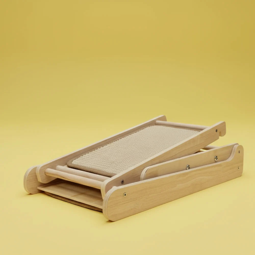 Wooden pet ramp with a textured surface on a yellow background