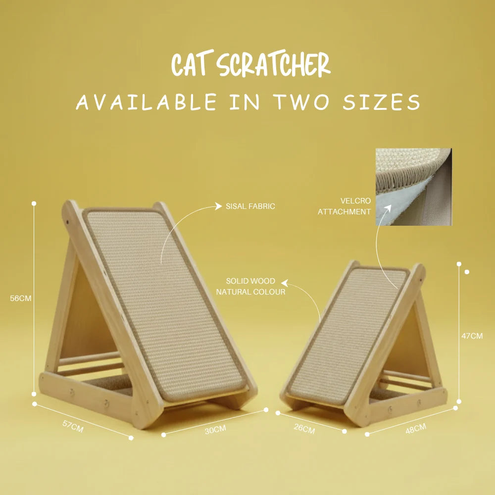 Cat scratcher with dimensions and material details on a yellow background