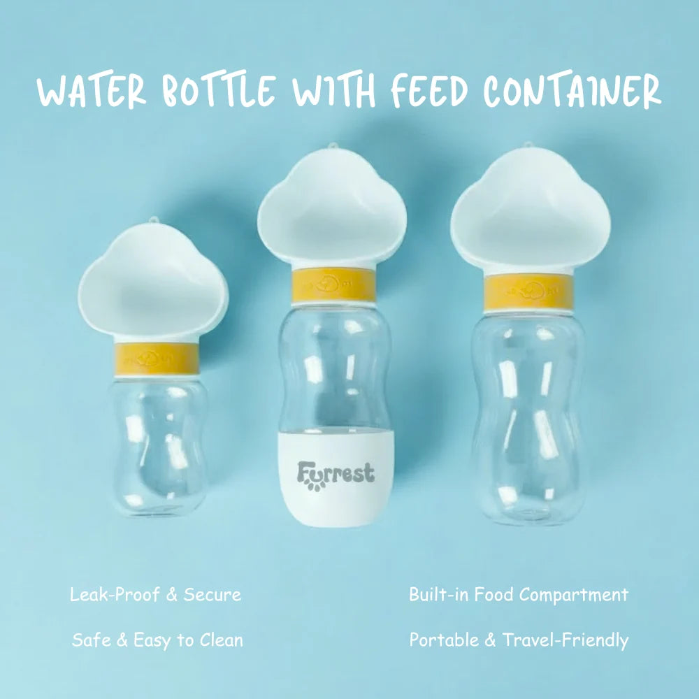 Three portable pet water bottles with feed containers on a blue background, featuring the brand 'Furrrst'.